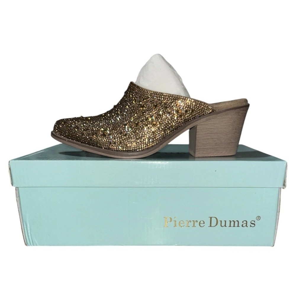 NIB Pierre Dumas Brooke Gold Womens 7 Rhinestone Mules Chunky Block Heel Shoes
